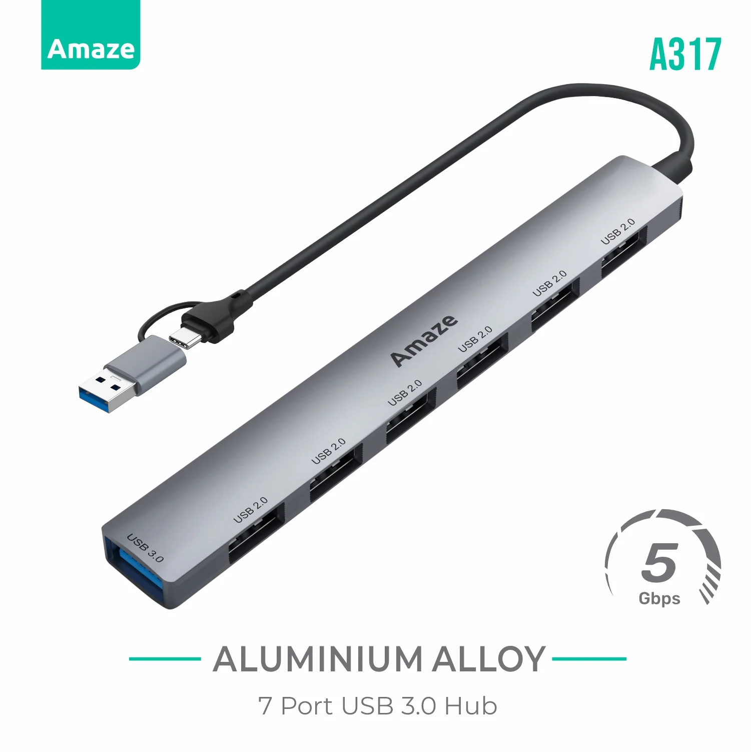 Amaze A317 USB-A & Type-C to 7-Port USB 3.0 Hub