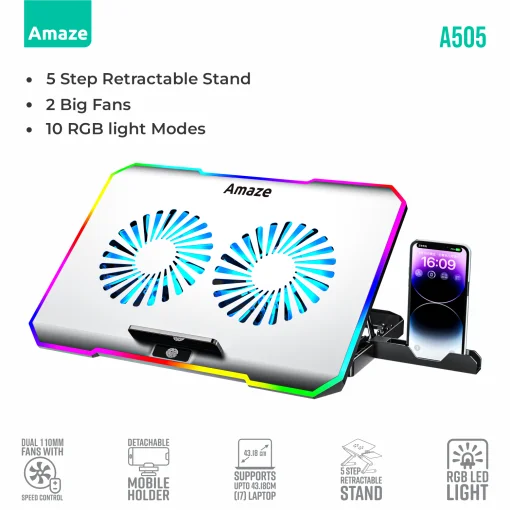 Amaze A505 Laptop RGB Cooling Stand – Dual 110mm Fans, 5-Angle Adjust