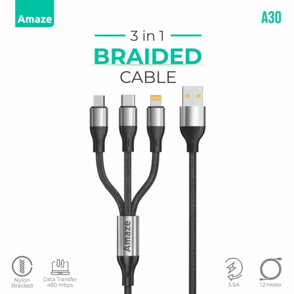 Amaze A30 3-in-1 USB Cable — Micro, Type-C & Lightning, 3.5A, 1.2m