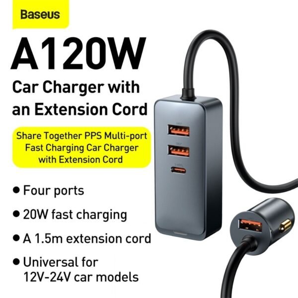 Baseus 120W USB Type-C Car Charger with PD & QC 3.0