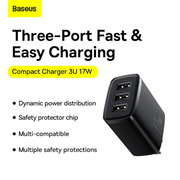Baseus Compact 17W 3-Port USB Fast Charger