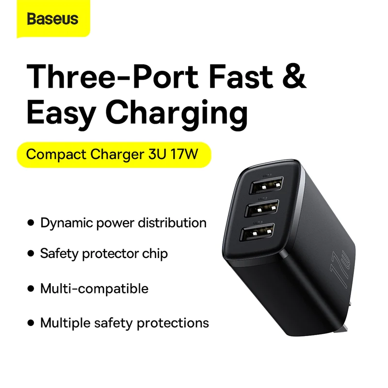 Baseus Compact 17W 3-Port USB Fast Charger