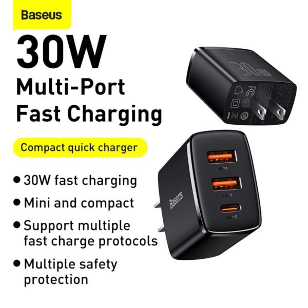 Baseus Compact 30W Fast Charger — 2 USB-A + 1 Type-C (CCCP30UE)