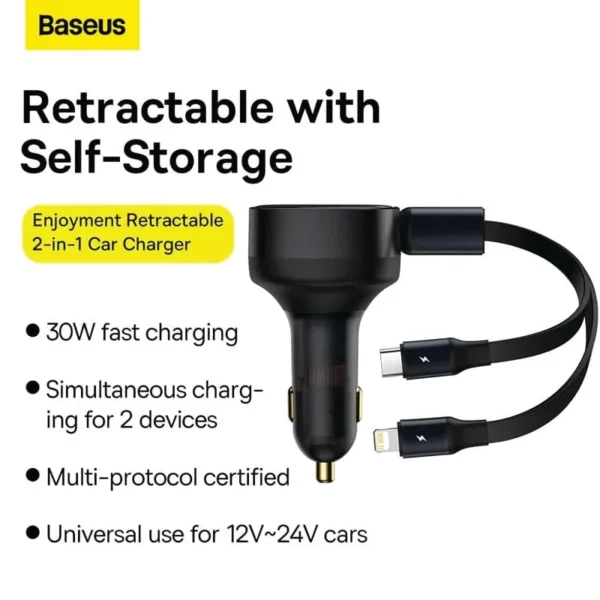 Baseus Enjoyment Retractable 2-in-1 Car Charger C+L 30W (CCTX-CL) – Black
