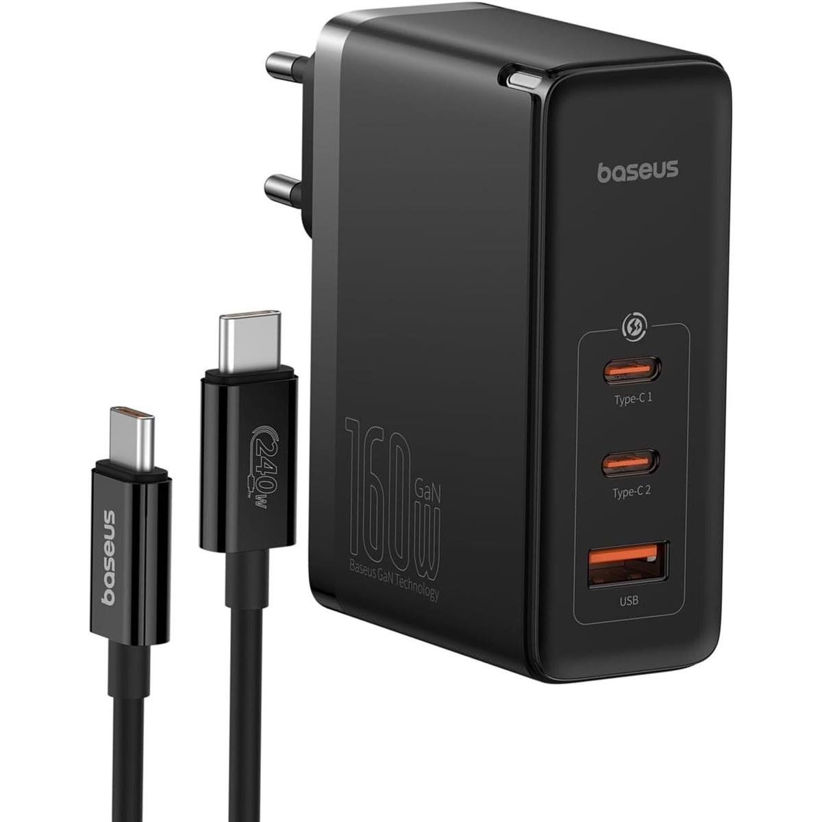 Baseus GaN5 Pro Digital Fast Charger 2C+U 160W with Superior Series 240W USB-C Cable – Black