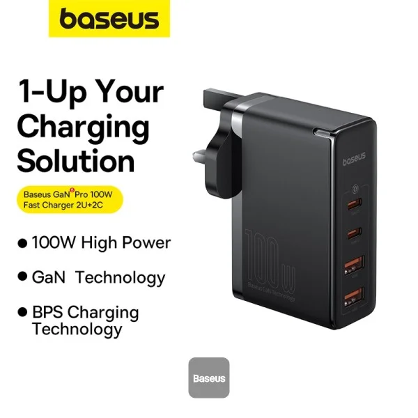 Baseus GaN5 Pro 100W 4-Port Fast Charger (2C+2U) with UK Plug & Type-C Cable