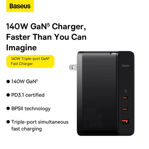 Baseus GaN5 Pro 140W 2C+U Charger with 240W Type-C to Type-C Cable
