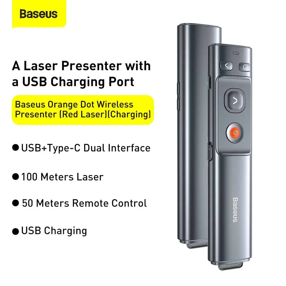 Baseus Orange Dot Wireless Presenter – Red Laser, USB + Type-C, Grey (ACFYB-0G)