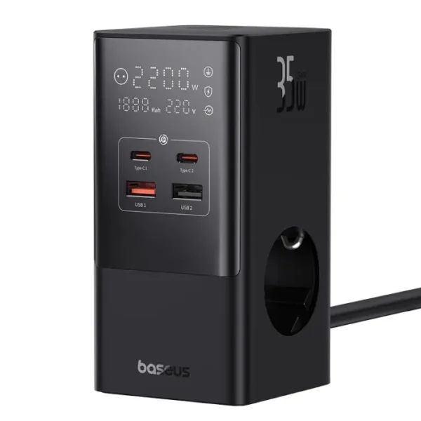 Baseus PowerCombo Tower Digital Power Strip — 35W, 3 AC + 2 USB-A + 2 USB-C