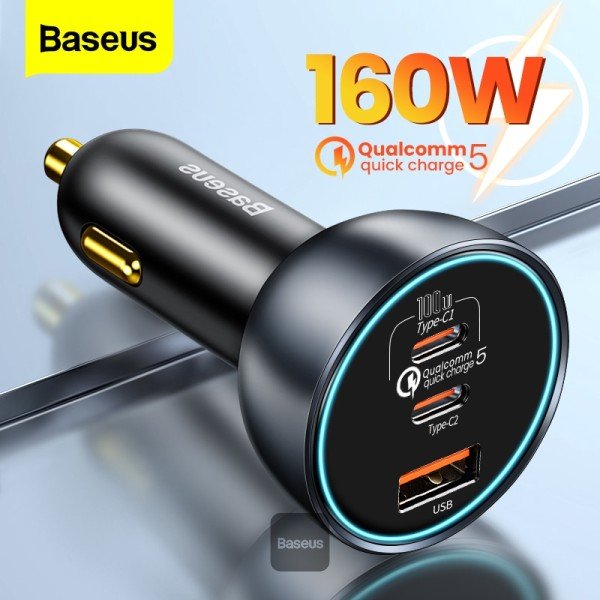 Baseus Qualcomm 160W Car Charger — 2× USB-C + USB-A