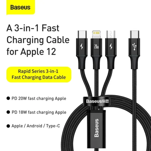 Baseus Rapid Series 3-in-1 Fast Charging Cable — Type-C to Micro, Lightning & Type-C, PD 20W