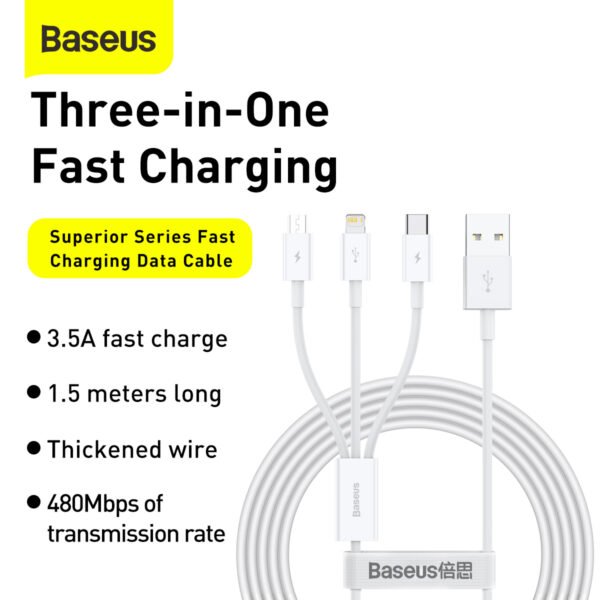 Baseus Superior Series 3-in-1 Fast Charging Cable 1.5m — 3.5A White