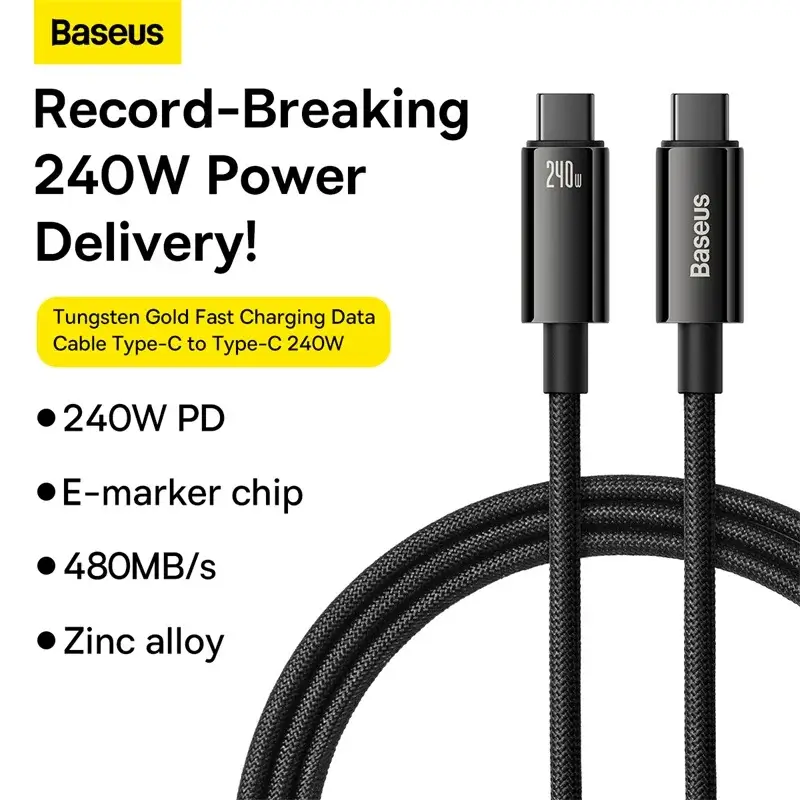 Baseus Tungsten Gold USB-C to USB-C Cable — 240W PD3.1 Fast Charge