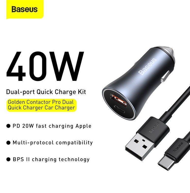 Baseus 40W Dual Quick Car Charger USB + Type-C with 1m Cable - Image 5
