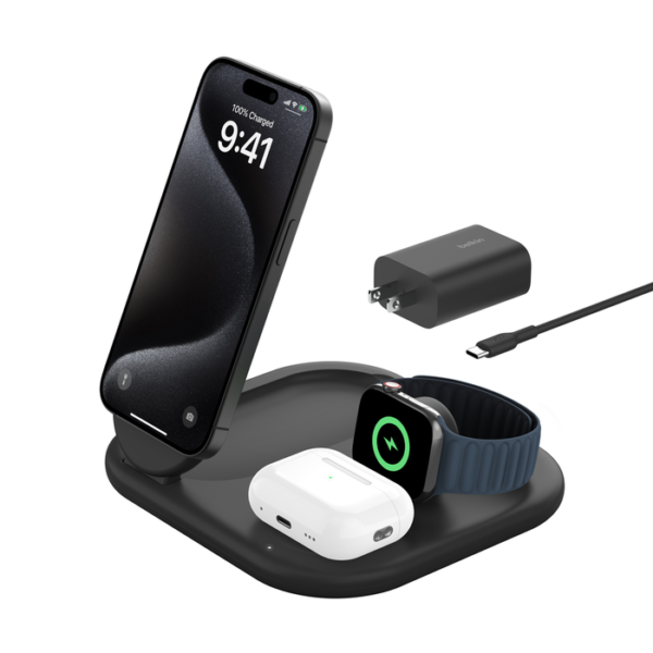 Belkin BoostCharge 3-in-1 Magnetic Foldable Wireless Charger – Qi2 15W – Black