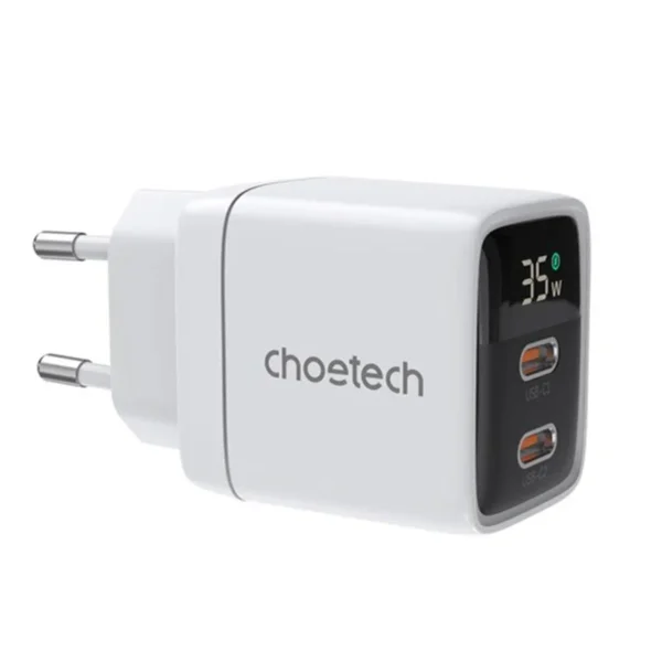 Choetech PD6051 35 W GaN Dual USB-C PD Wall Charger with Display – White