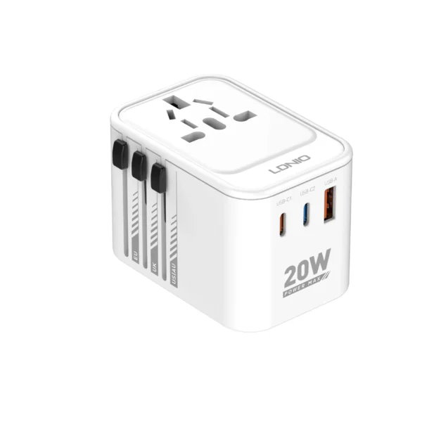 Ldnio Z9 GaN Travel Adapter – 3 Ports, 20W PD/PPS, US/UK/EU/AU