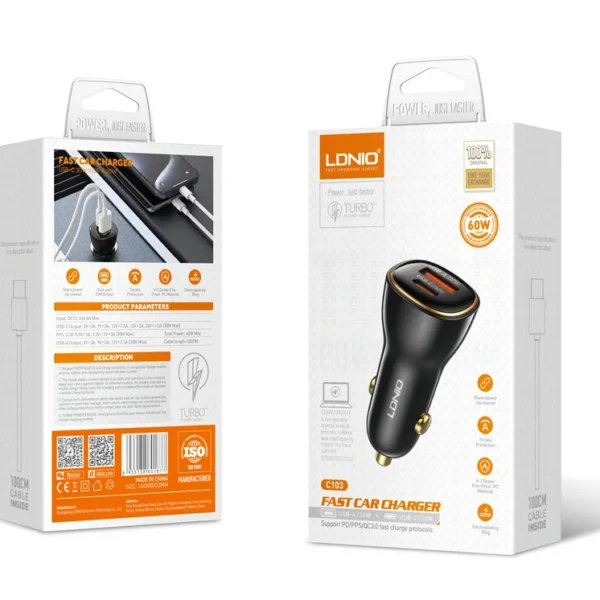 Ldnio C103 60W PD/QC Car Charger — USB-A & USB-C