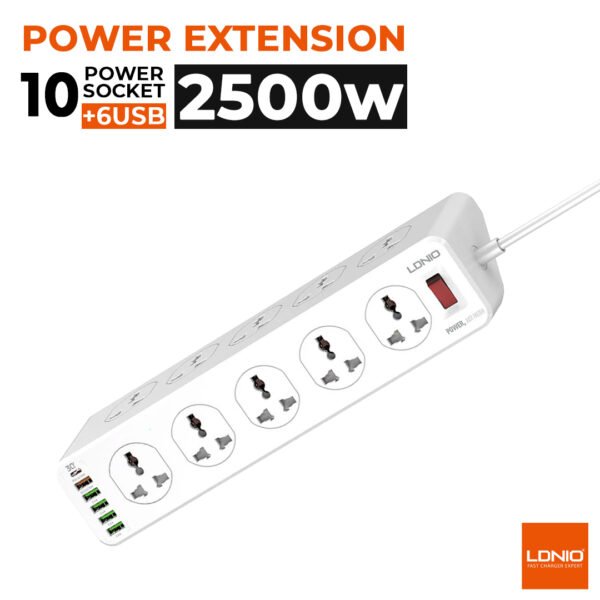 Ldnio SC10610 30W Power Strip — 10 Outlets, 5 USB & 1 PD USB-C