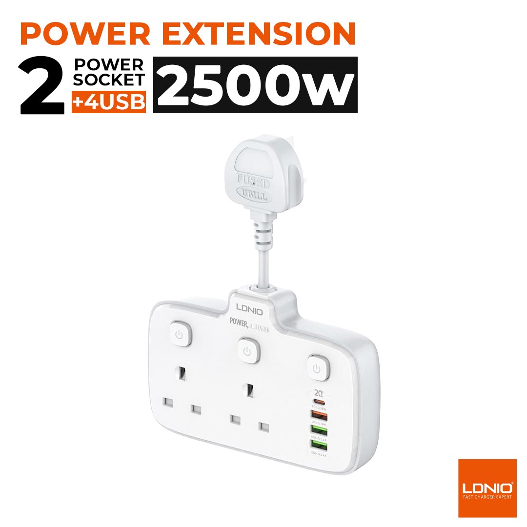 LDNIO SC2413 White Power Strip — 2 AC Outlets, 4 USB (20W)
