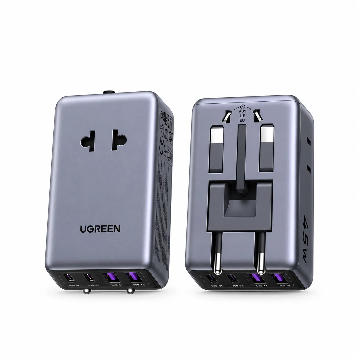 UGREEN 45W 6-in-1 Universal Travel Adapter – 2×USB-C, 2×USB-A, 2×AC (85779)