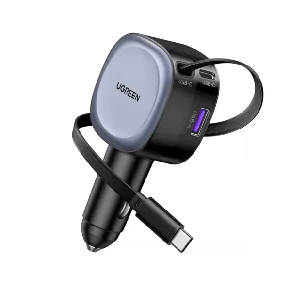 UGREEN 75W Car Charger with Retractable USB-C and Lightning Cable – 55653