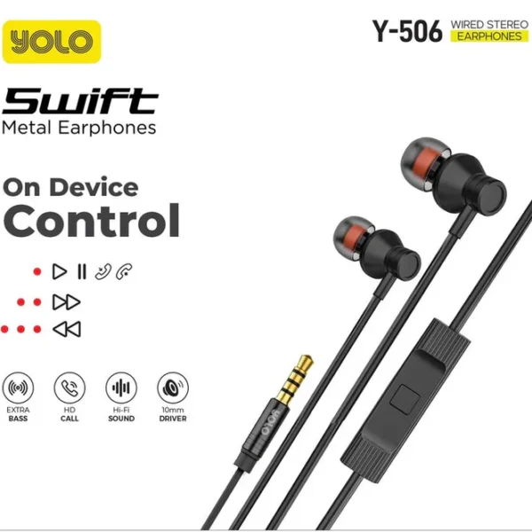 Yolo Swift Metal Earphones Y-506 – 10 mm Bass, Inline Mic
